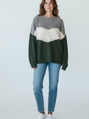 Women's Wish List Color Blocked Green, White & Gray Chevron Pattern Sweater S/M